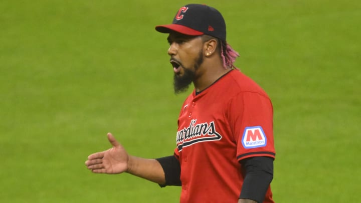 Cleveland Guardians relief pitcher Emmanuel Clase (48) celebrates a win over the Detroit Tigers at Progressive Field on July 24.