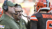 Nov 11, 2018; Cleveland, OH, USA; Cleveland Browns head coach Gregg Williams talks with Cleveland Browns quarterback Baker Mayfield (6) during the second half against the Atlanta Falcons at FirstEnergy Stadium. Mandatory Credit: Ken Blaze-USA TODAY Sports