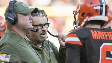 Nov 11, 2018; Cleveland, OH, USA; Cleveland Browns head coach Gregg Williams talks with Cleveland Browns quarterback Baker Mayfield (6) during the second half against the Atlanta Falcons at FirstEnergy Stadium. Mandatory Credit: Ken Blaze-USA TODAY Sports