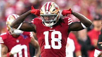 Sep 9, 2024; Santa Clara, California, USA; San Francisco 49ers wide receiver Chris Conley (18) gestures after a catch by fullback Kyle Juszczyk (not shown) during the third quarter against the New York Jets at Levi's Stadium. Mandatory Credit: Darren Yamashita-Imagn Images