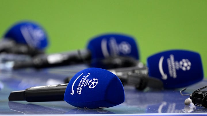 Some microphones with the Champions league logo are seen on... Some microphones with the Champions league logo are seen on...