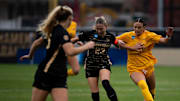Vanderbilt midfielder Maci Teater (23) and Louisiana State University midfielder Gabbi Ceballos (23) chase after the ball down the field during the soccer match between Vanderbilt and LSU at the Vanderbilt Soccer Complex in Nashville on Monday, Nov. 24, 2025.