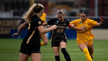 Vanderbilt midfielder Maci Teater (23) and Louisiana State University midfielder Gabbi Ceballos (23) chase after the ball down the field during the soccer match between Vanderbilt and LSU at the Vanderbilt Soccer Complex in Nashville on Monday, Nov. 24, 2025.