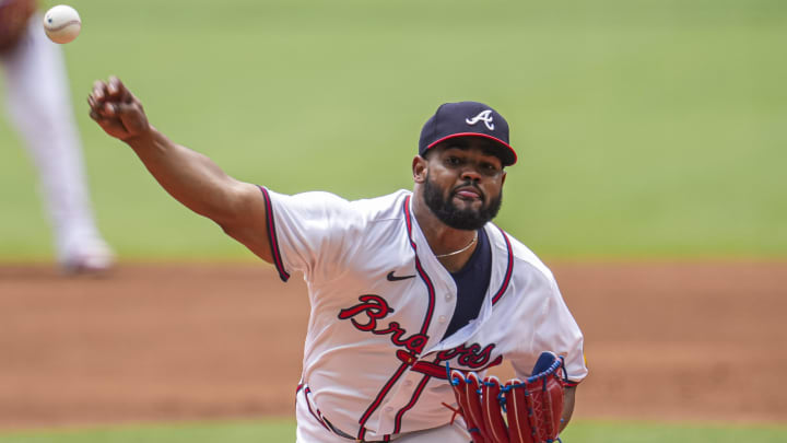 Jun 19, 2024; Cumberland, Georgia, USA; Atlanta Braves starting pitcher Reynaldo Lopez (40) pitches against the Detroit Tigers during the first inning  at Truist Park.