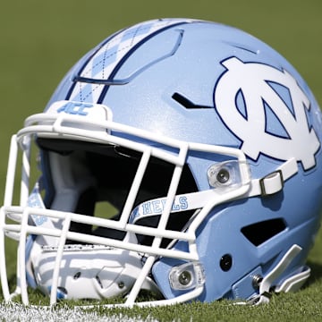 Sep 30, 2017; Atlanta, GA, USA; Detailed view of a North Carolina Tar Heels helmet on the field before a game against the Georgia Tech Yellow Jackets at Bobby Dodd Stadium. Mandatory Credit: Brett Davis-Imagn Images