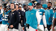 Aug 9, 2025; Jacksonville, Florida, USA; Jacksonville Jaguars defensive coordinator Anthony Campanile stands with head coach Liam Coen on the sidelines during a preseason game against the Pittsburgh Steelers at EverBank Stadium. Mandatory Credit: Travis Register-Imagn Images