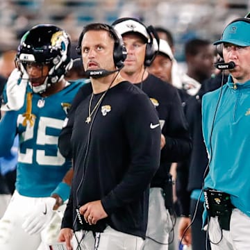 Aug 9, 2025; Jacksonville, Florida, USA; Jacksonville Jaguars defensive coordinator Anthony Campanile stands with head coach Liam Coen on the sidelines during a preseason game against the Pittsburgh Steelers at EverBank Stadium. Mandatory Credit: Travis Register-Imagn Images