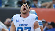 Oct 5, 2025; Cincinnati, Ohio, USA; Detroit Lions defensive end Aidan Hutchinson (97) warms up before a game against the Cincinnati Bengals at Paycor Stadium.  