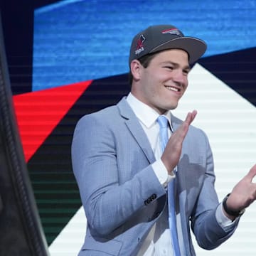 North Carolina Tar Heels quarterback Drake Maye reacts after being selected in the 2024 NFL Draft.