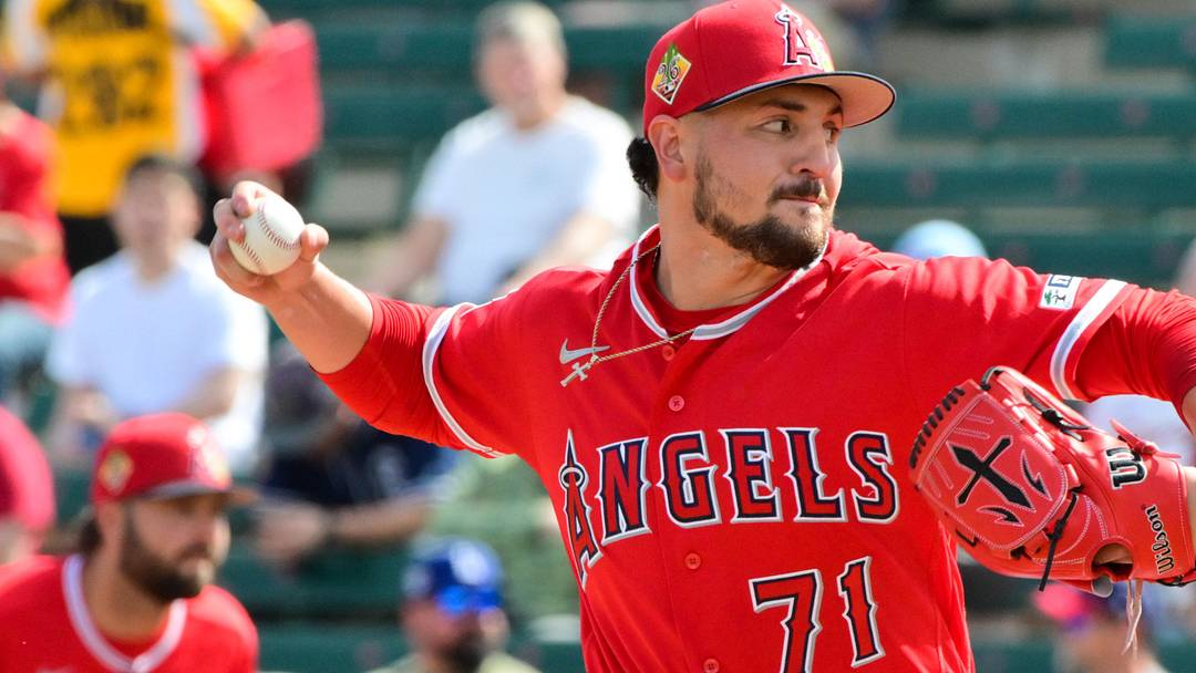 Feb 23, 2026; Tempe, Arizona, USA;  Los Angeles Angels pitcher Chris Cortez (71) throws in the first inning against the Texas Rangers during a spring training game at Tempe Diablo Stadium. Mandatory Credit: Matt Kartozian-Imagn Images