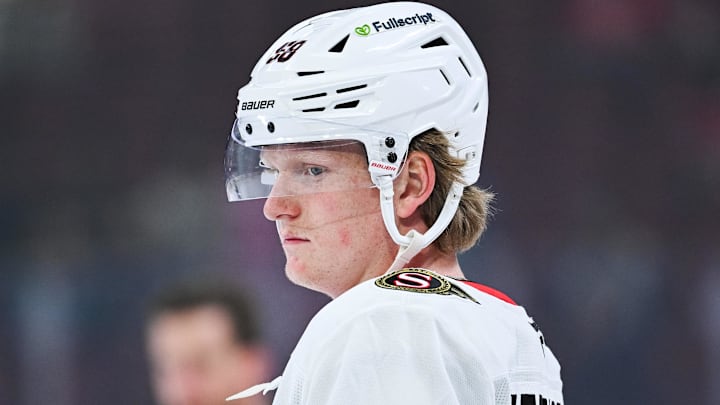 Oct 4, 2025; Montreal, Quebec, CAN; Ottawa Senators defenseman Carter Yakemchuk (58) looks on during warm-up before the game against the Montreal Canadiens at Bell Centre. Mandatory Credit: David Kirouac-Imagn Images