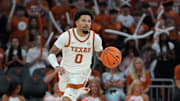 Texas Longhorns guard Jordan Pope dribbles during the first half against the Lafayette Leopards at Moody Center. Mandatory Credit: Dustin Safranek-Imagn Images
