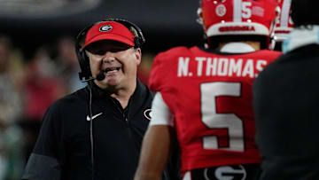 Georgia Bulldogs coach Kirby Smart on the sideline during the first half of a NCAA college football game against Alabama in Athens, Ga., on Saturday, September 27, 2025.