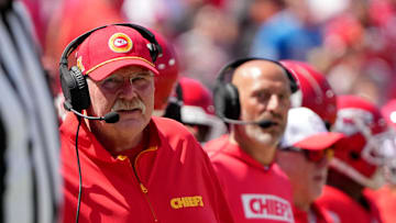 Aug 17, 2024; Kansas City, Missouri, USA; Kansas City Chiefs head coach Andy Reid watches play against the Detroit Lions  during the first half at GEHA Field at Arrowhead Stadium. Mandatory Credit: Denny Medley-Imagn Images