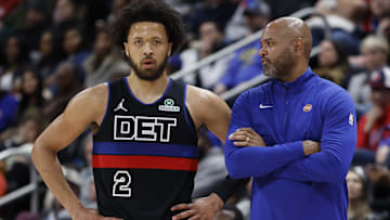 Mar 1, 2025; Detroit, Michigan, USA;  Detroit Pistons head coach J.B. Bickerstaff talks to guard Cade Cunningham (2) in the second half against the Brooklyn Nets at Little Caesars Arena. Mandatory Credit: Rick Osentoski-Imagn Images