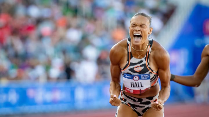 Anna Hall wins the women’s decathlon during day four of the U.S. Olympic Track & Field Trials Monday, June 24, 2024, at Hayward Field in Eugene, Ore.