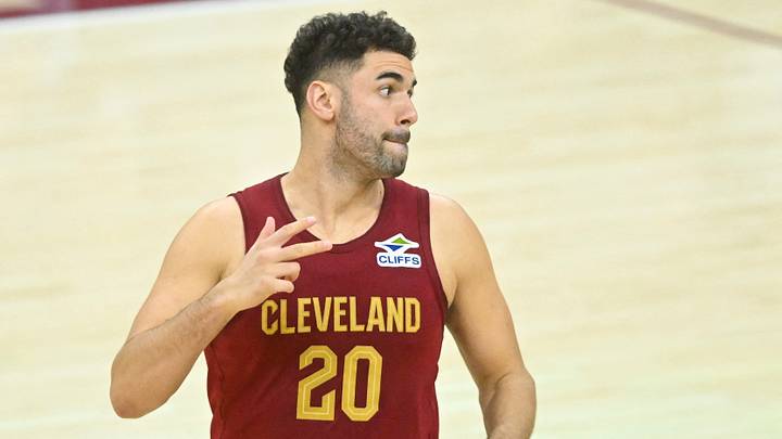 Cleveland Cavaliers forward Georges Niang (20) celebrates his three-point goal in the third quarter against the Charlotte Hornets at Rocket Mortgage FieldHouse on Jan. 5, 2025.