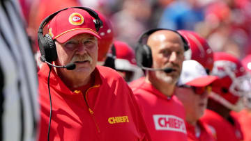 Aug 17, 2024; Kansas City, Missouri, USA; Kansas City Chiefs head coach Andy Reid watches play against the Detroit Lions  during the first half at GEHA Field at Arrowhead Stadium. Mandatory Credit: Denny Medley-USA TODAY Sports
