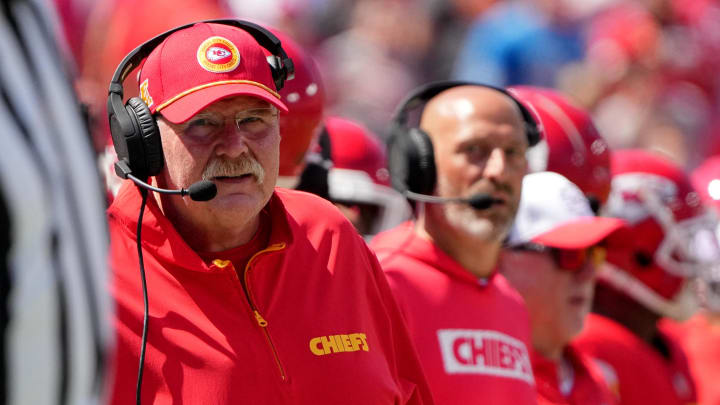 Aug 17, 2024; Kansas City, Missouri, USA; Kansas City Chiefs head coach Andy Reid watches play against the Detroit Lions  during the first half at GEHA Field at Arrowhead Stadium. Mandatory Credit: Denny Medley-USA TODAY Sports