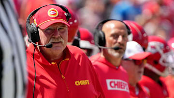 Aug 17, 2024; Kansas City, Missouri, USA; Kansas City Chiefs head coach Andy Reid watches play against the Detroit Lions  during the first half at GEHA Field at Arrowhead Stadium. Mandatory Credit: Denny Medley-Imagn Images
