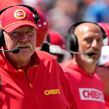 Aug 17, 2024; Kansas City, Missouri, USA; Kansas City Chiefs head coach Andy Reid watches play against the Detroit Lions  during the first half at GEHA Field at Arrowhead Stadium. Mandatory Credit: Denny Medley-Imagn Images
