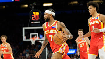 Nov 16, 2025; Phoenix, Arizona, USA; Atlanta Hawks guard Nickeil Alexander-Walker (7) drives against the Phoenix Suns during the second half of play at Mortgage Matchup Center. Mandatory Credit: Allan Henry-Imagn Images