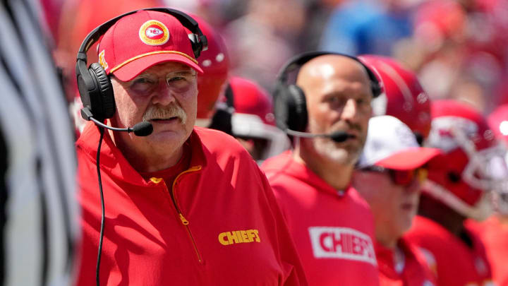 Aug 17, 2024; Kansas City, Missouri, USA; Kansas City Chiefs head coach Andy Reid watches play against the Detroit Lions  during the first half at GEHA Field at Arrowhead Stadium. Mandatory Credit: Denny Medley-USA TODAY Sports