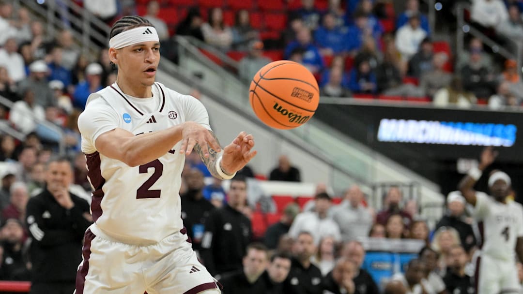 Mar 21, 2025; Raleigh, NC, USA; Mississippi State Bulldogs guard Riley Kugel (2) passes the ball against the Baylor Bears during the first half in the first round of the NCAA Tournament at Lenovo Center. Mandatory Credit: Zachary Taft-Imagn Images