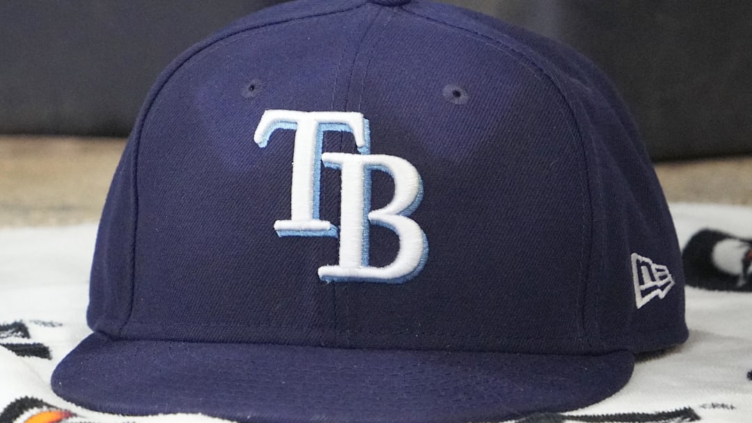 Mar 30, 2026; Milwaukee, Wisconsin, USA; A detailed view of the Tampa Bay Rays hat at American Family Field. 