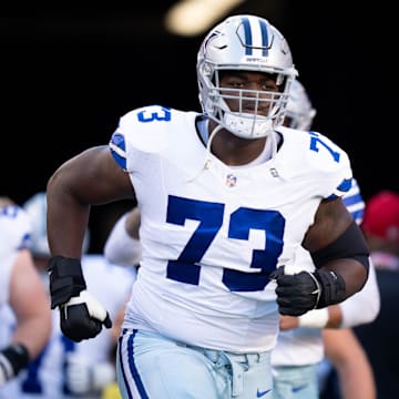 October 8, 2023; Santa Clara, California, USA; Dallas Cowboys offensive tackle Tyler Smith (73) before the game against the San Francisco 49ers at Levi's Stadium. 