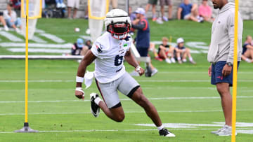 Jul 24, 2024; Foxborough, MA, USA;  New England Patriots wide receiver Javon Baker (6) runs through a drill during training camp at Gillette Stadium. Mandatory Credit: Eric Canha-USA TODAY Sports