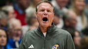 Oct 28, 2025; Lawrence, KS, USA; Kansas Jayhawks head coach Bill Self reacts during the first half against the Fort Hays State Tigers at Allen Fieldhouse. Mandatory Credit: Jay Biggerstaff-Imagn Images