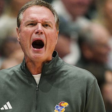 Oct 28, 2025; Lawrence, KS, USA; Kansas Jayhawks head coach Bill Self reacts during the first half against the Fort Hays State Tigers at Allen Fieldhouse. Mandatory Credit: Jay Biggerstaff-Imagn Images