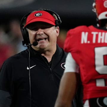Georgia Bulldogs coach Kirby Smart on the sideline during the first half of a NCAA college football game against Alabama in Athens.