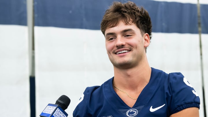 Penn State quarterback Beau Pribula talks with reporters during football media day in Holuba Hall. 