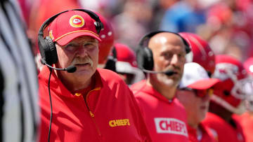 Aug 17, 2024; Kansas City, Missouri, USA; Kansas City Chiefs head coach Andy Reid watches play against the Detroit Lions  during the first half at GEHA Field at Arrowhead Stadium. Mandatory Credit: Denny Medley-USA TODAY Sports