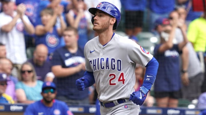 Jul 6, 2023; Milwaukee, Wisconsin, USA; Chicago Cubs center fielder Cody Bellinger (24) hits a two-run home run during the sixth inning against the Milwaukee Brewers at American Family Field.