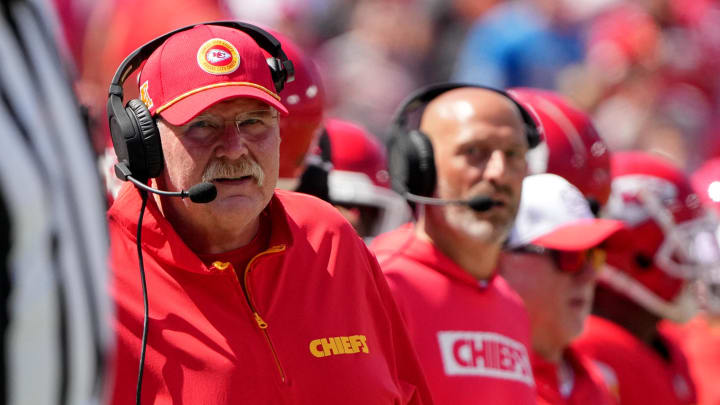 Aug 17, 2024; Kansas City, Missouri, USA; Kansas City Chiefs head coach Andy Reid watches play against the Detroit Lions during the first half at GEHA Field at Arrowhead Stadium.