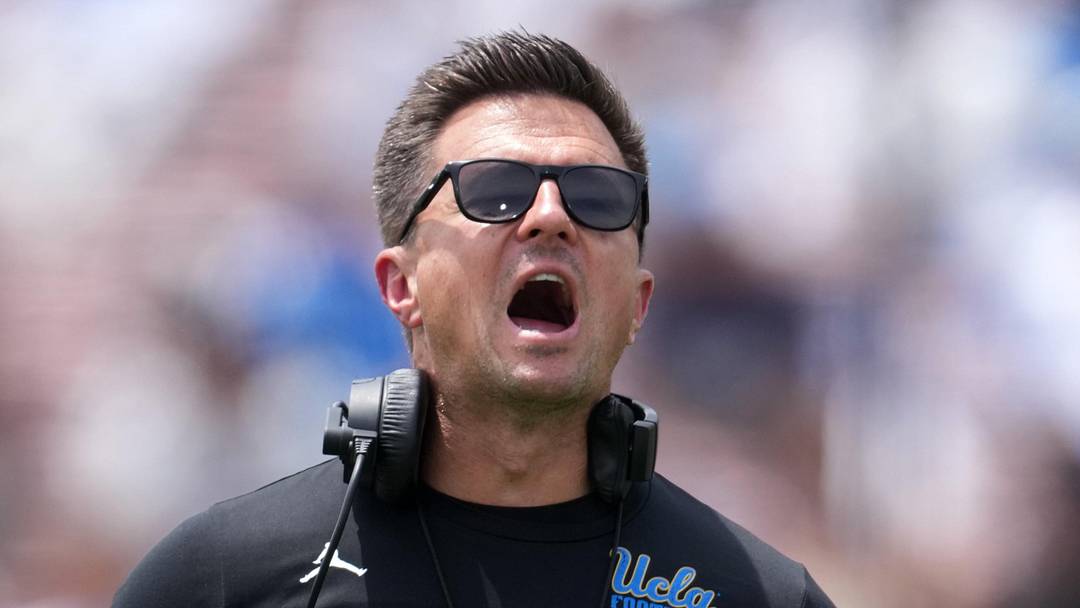 May 2, 2026; Pasadena, CA, USA; UCLA Bruins coach Bob Chesney reacts during the spring game at Rose Bowl. Mandatory Credit: Kirby Lee-Imagn Images