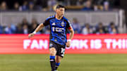 Feb 22, 2025; San Jose, California, USA; San Jose Earthquakes midfielder Cristian Espinoza (10) controls the ball during the first half against Real Salt Lake at PayPal Park. Mandatory Credit: John Hefti-Imagn Images