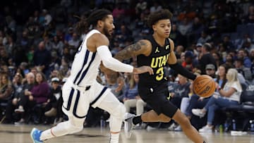 Nov 29, 2023; Memphis, Tennessee, USA; Utah Jazz guard Keyonte George (3) drives to the basket as
