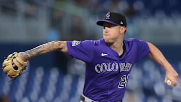 Jun 4, 2025; Miami, Florida, USA; Colorado Rockies starting pitcher Kyle Freeland (21) delivers a pitch against the Miami Marlins during the first inning at loanDepot Park. Mandatory Credit: Sam Navarro-Imagn Images