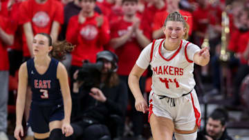 Kimberly High School's Raegan Krueger (44) points to a teammate after scoring a basket against Appleton East High School during a WIAA Division 1 state semifinal on Friday, March 14, 2025, at the Resch Center in Ashwaubenon, Wis. Kimberly won the game, 55-34.
Tork Mason/USA TODAY NETWORK-Wisconsin