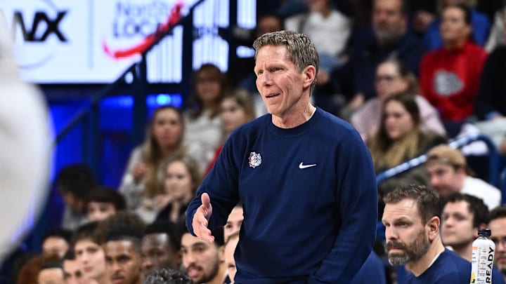 Feb 10, 2026; Spokane, Washington, USA; Gonzaga Bulldogs head coach Mark Few looks on against the Washington State Cougars in the first half at McCarthey Athletic Center. Mandatory Credit: James Snook-Imagn Images