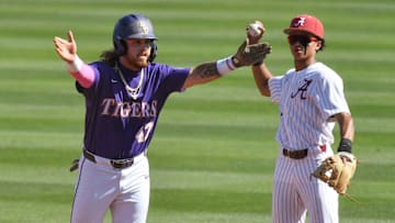 May 11 2024; Tuscaloosa, AL, USA; LSU hitter Tommy White blows kisses to the dugout after his second