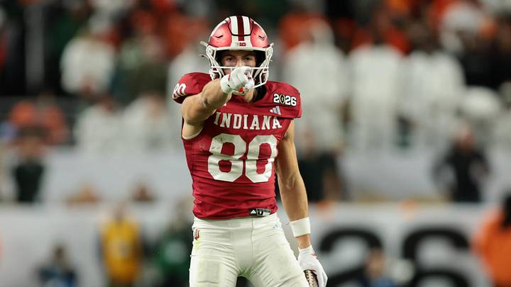 Jan 19, 2026; Miami Gardens, FL, USA; Indiana Hoosiers wide receiver Charlie Becker (80) celebrates after a catch against the Miami Hurricanes in the fourth quarter during the College Football Playoff National Championship game at Hard Rock Stadium. Mandatory Credit: Sam Navarro-Imagn Images