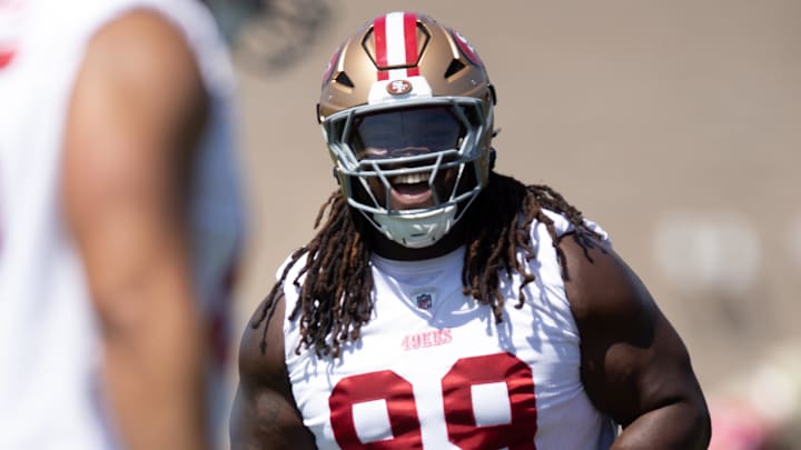 Jun 10, 2025; Santa Clara, CA, USA; San Francisco 49ers defensive tackle CJ West (99) participates in a blocking drill during an OTA at Levi's Stadium. Mandatory Credit: D. Ross Cameron-Imagn Images Jun 10, 2025; Santa Clara, CA, USA; San Francisco 49ers defensive tackle CJ West (99) participates in a blocking drill during an OTA at Levi's Stadium. Mandatory Credit: D. Ross Cameron-Imagn Images