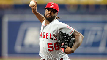 Aug 23, 2022; St. Petersburg, Florida, USA;  Los Angeles Angels relief pitcher Touki Toussaint (56) throws a pitch against the Tampa Bay Rays in the seventh inning at Tropicana Field. Mandatory Credit: Nathan Ray Seebeck-Imagn Images