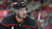 Carolina Hurricanes forward Sebastian Aho looks on during the third period against the Florida Panthers.