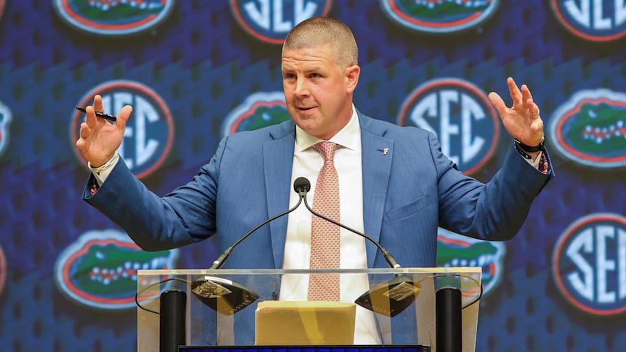 Florida Gators head coach Billy Napier talks to the media during the SEC Media Days